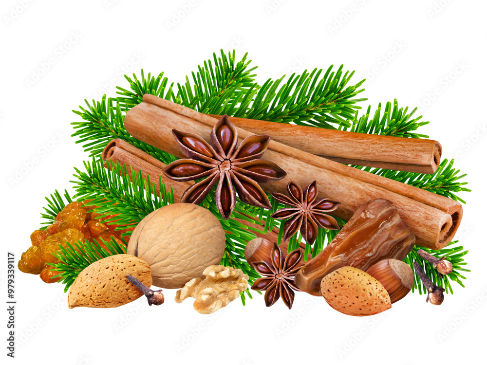 Christmas time and fir branches with dates, cinnamon, nuts and star anise isolated on white background Christmas time and fir branches with dates, cinnamon, nuts and star anise isolated on white background