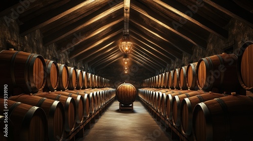 Inside a traditional winery, rows of oak barrels are stacked neatly in the aging cellar photo