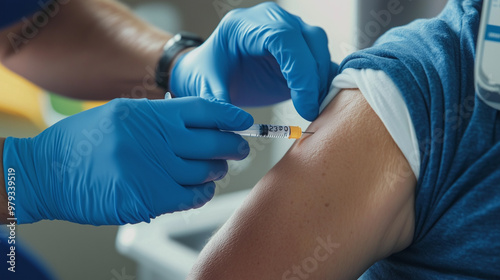 Nurse administering injection to patient in serene healthcare environment.