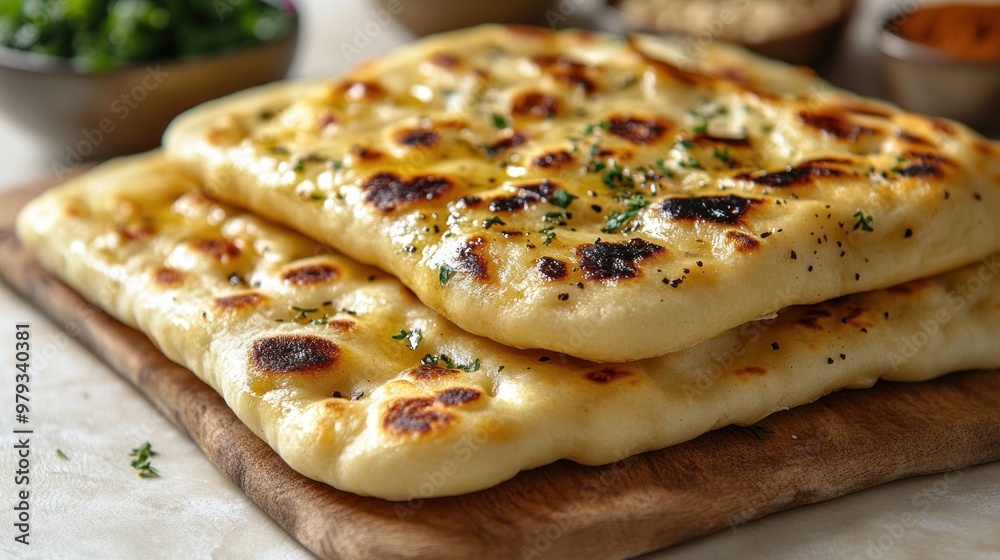 Freshly baked naan bread garnished with herbs on a wooden board. Freshly baked naan bread garnished with herbs on a wooden board.