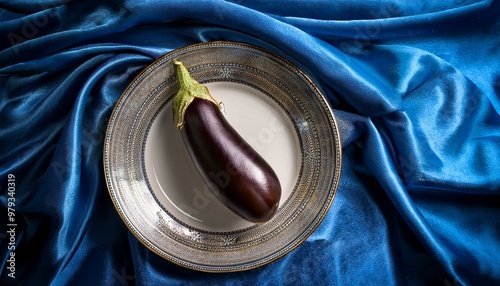 Elegant eggplant displayed on a decorative plate with blue fabric photo