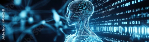 dark background digital x-ray human body holographic scan projection 3D rendering