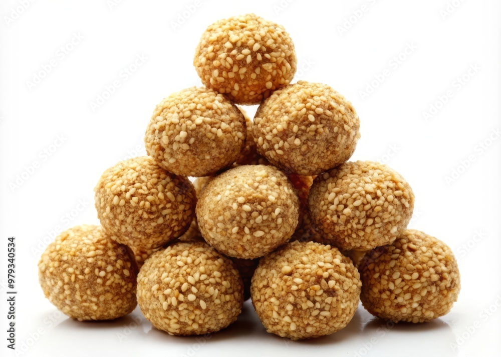 A pyramid of sesame halva balls, each one perfectly formed and separated, their smooth surfaces reflecting the light, set against a pure white background that highlights their creamy color. A pyramid of sesame halva balls, each one perfectly formed and separated, their smooth surfaces reflecting the light, set against a pure white background that highlights their creamy color.