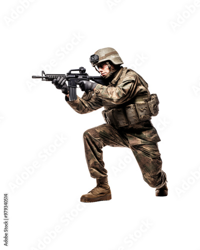 Soldier in camouflage uniform with assault rifle for military, army, combat, war, security, defense, protection, and armed forces concepts. Generative AI