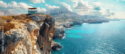 Majestic coastal overlook with dramatic rocky cliffs turquoise waters and a panoramic view of towering mountains in the distance  This serene and picturesque landscape invites visitors to pause