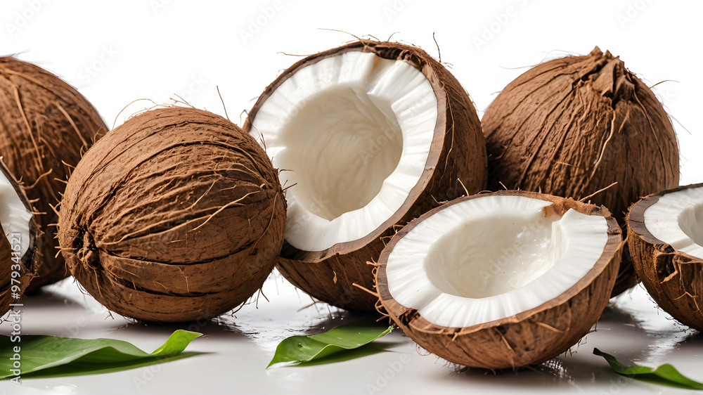 Coconuts with cracked coconut fruit piece. AI generated image, ai. Coconuts with cracked coconut fruit piece. AI generated image, ai.