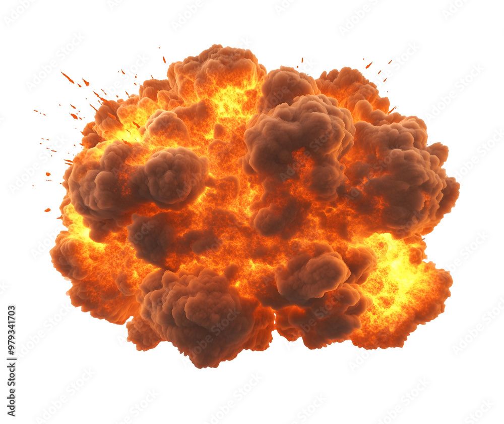 Realistic explosion with fiery clouds and intense flames, isolated on a white background, Cutout, Isolated on White Background Realistic explosion with fiery clouds and intense flames, isolated on a white background, Cutout, Isolated on White Background