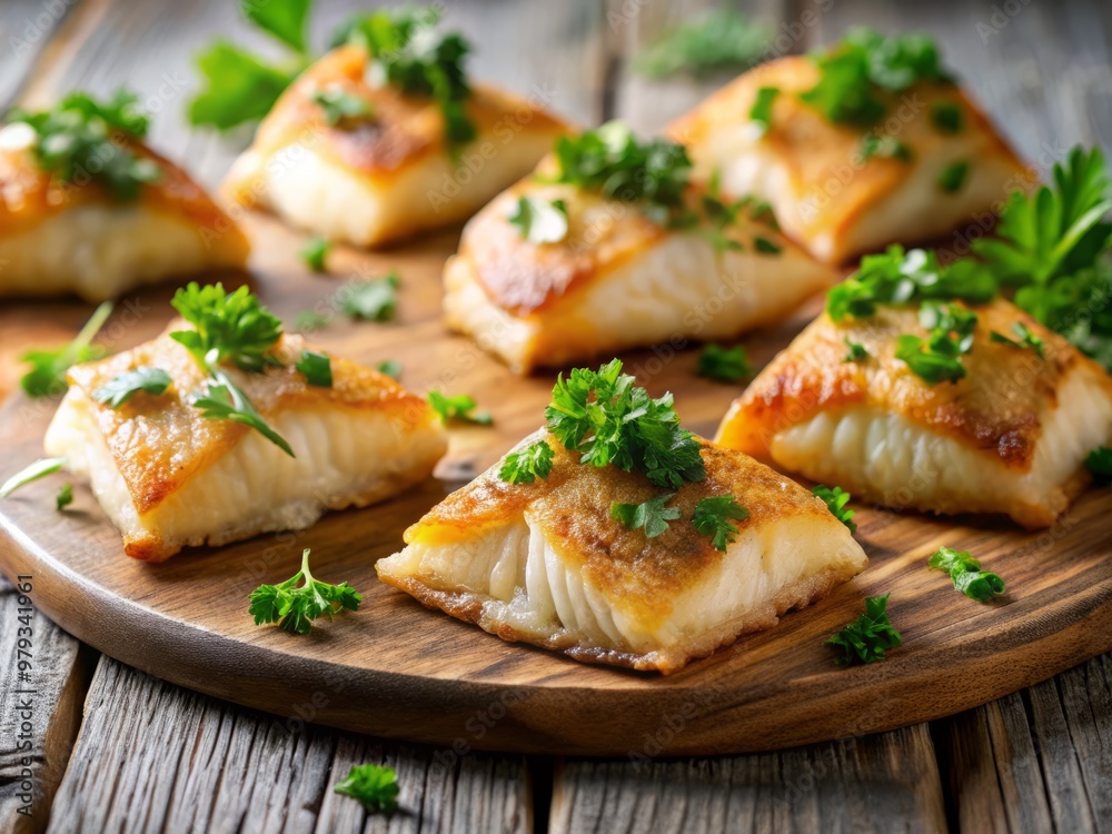 Crispy little morsels of fish, adorned with a sprig of fresh parsley Crispy little morsels of fish, adorned with a sprig of fresh parsley