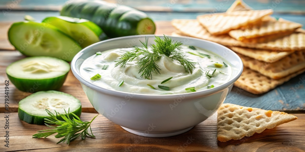 Fresh Greek yogurt dip with cucumber slices and green dill on a clean background waiting to be served with pita bread or vegetables. Fresh Greek yogurt dip with cucumber slices and green dill on a clean background waiting to be served with pita bread or vegetables.