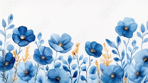 Fototapeta Naklejka Na Ścianę i Meble -  Blue watercolor blooms in a delicate border for cards, close-up