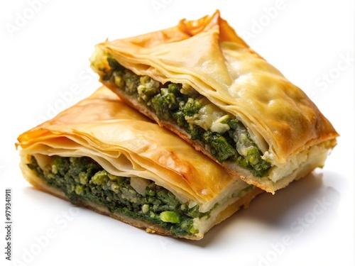 A golden-brown Spanakopita, fresh out of the oven, emitting a savory aroma that fills the air, isolated on white Background