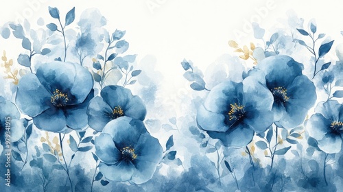 Blue watercolor blooms in a delicate border for cards, close-up photo