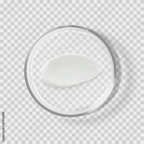 White skincare smear cream moisturizer on petri dish isolated realistic vector illustration. Concept cosmetic laboratory tests and research. Transparent chemistry glassware
