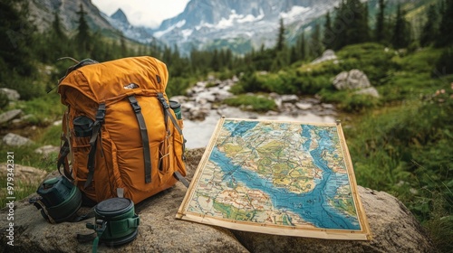 Detailed view of backpacking map and trail, kids camping in mountains