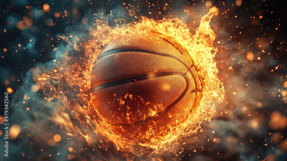 Fiery basketball flyer with ball and jersey, dynamic close-up view Fiery basketball flyer with ball and jersey, dynamic close-up view