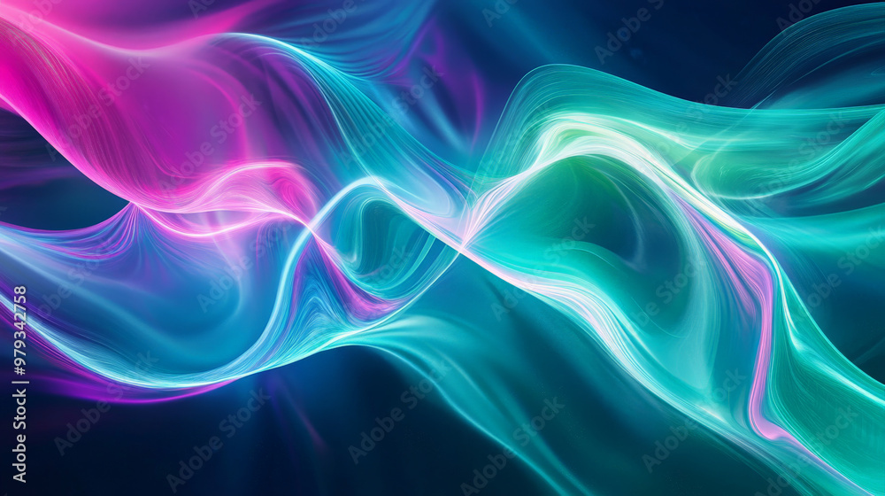 Naklejka premium A colorful abstract wave composition with neon shades of green, cyan, and fuchsia, flowing together to form a dynamic and futuristic design.