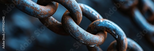 A close-up view of a thick, rusty chain link with warm lighting that reflects the texture and aged look of the metal. photo