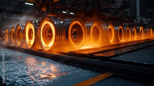 In the cooling and solidification area, freshly cast alloy wheels are slowly cooling on a conveyor belt photo