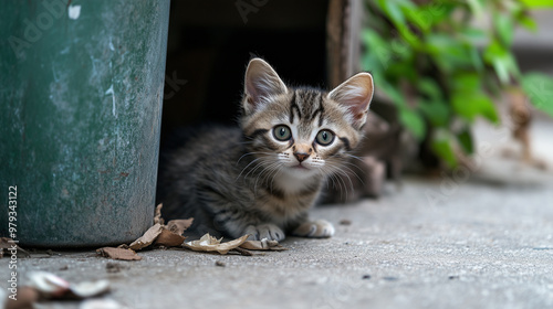 A fateful encounter with a cute stray kitten. The kitten is watching us from behind an object photo