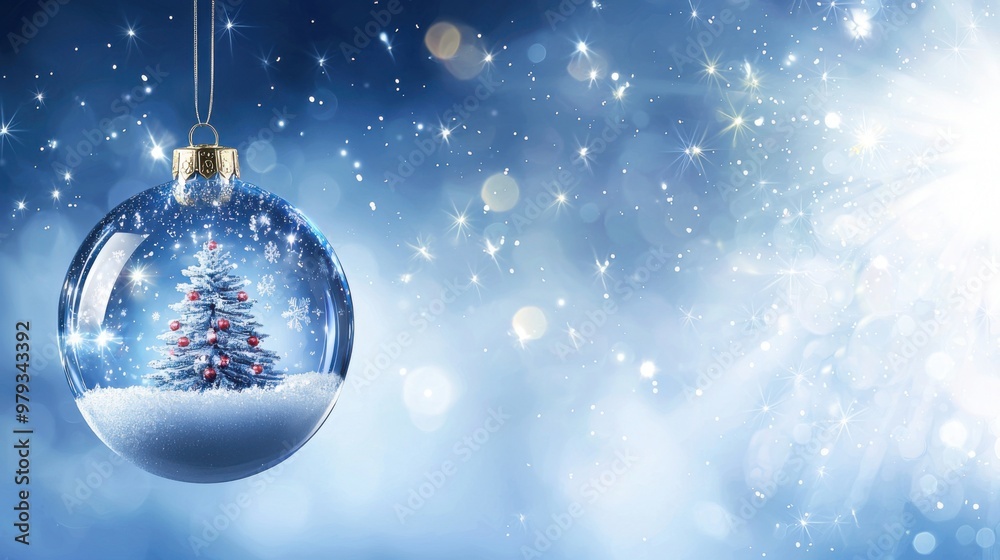 glass transparent christmas ball with christmas tree inside on abstract blue background with bokeh and highlights glass transparent christmas ball with christmas tree inside on abstract blue background with bokeh and highlights
