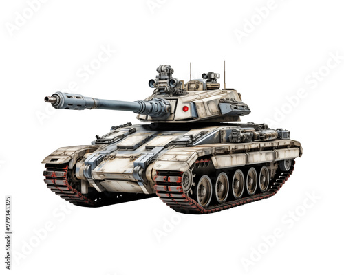 Camouflaged military tank suitable for military, warfare, and defense concepts. Shows tracks, cannons, and turrets. Perfect for war themed designs and projects. Generative AI photo