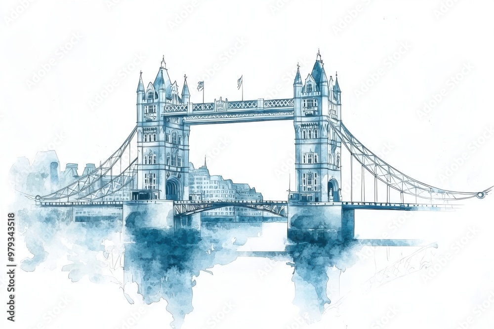 Obraz premium Beautiful watercolor illustration of Tower Bridge in London, showcasing intricate architecture and serene ambiance.