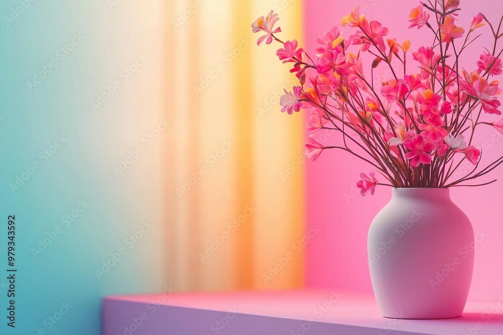 A white vase holding pink and yellow flowers placed on a pink table, radiating warmth and liveliness. A white vase holding pink and yellow flowers placed on a pink table, radiating warmth and liveliness.