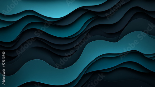 A dark, moody paper cut wave design with layers of black, deep teal, and dark navy, creating a mysterious, rich background.