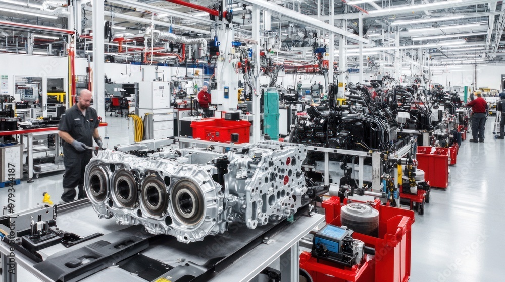 Fototapeta premium In the engine assembly section, technicians are carefully fitting pistons, crankshafts, and camshafts into engine blocks