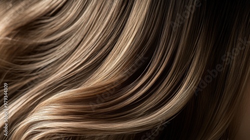  womanâ€™s long, silky, and shiny hair cascading down her shoulders. 