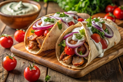 Savory street food favorite featuring tender meat wrapped in warm pita with cool and refreshing tzatziki, ripe tomatoes, and crispy onions