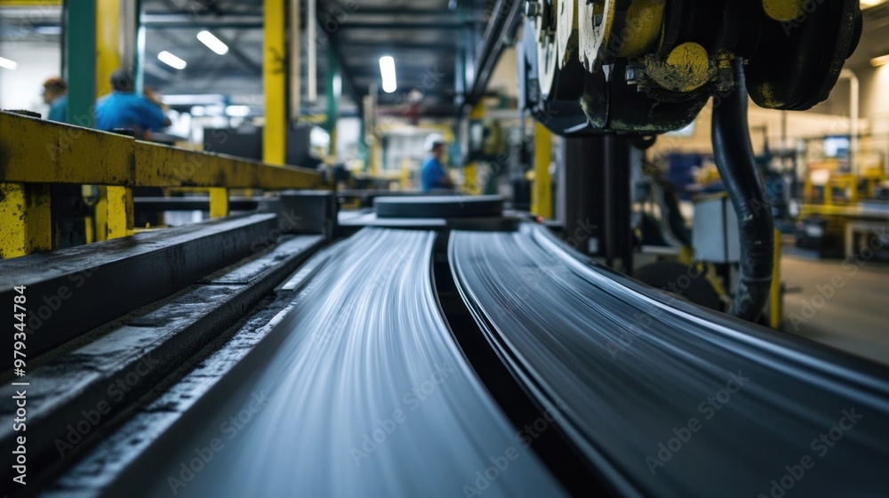 In the extrusion section of the plant, heated rubber is being extruded into strips for tire treads In the extrusion section of the plant, heated rubber is being extruded into strips for tire treads