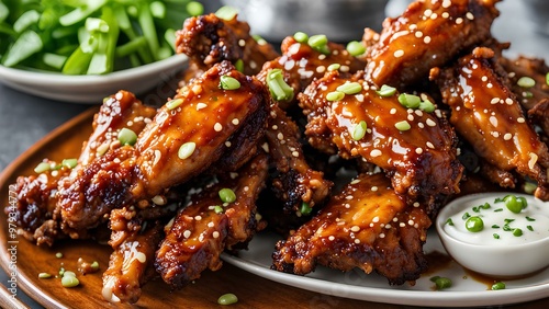 Crispy fried chicken wings coated in a sticky, glossy honey garlic sauce, garnished with sesame seeds