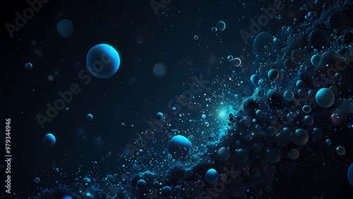 Abstract digital background featuring clusters of bubbles in different sizes, suspended in a dark blue cosmic void