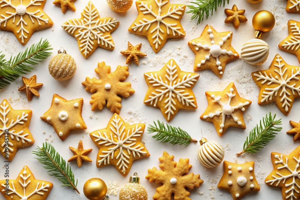 Golden Melomelomako cookies arranged in a festive pattern on a white background, evoking warmth and coziness of the holiday season Golden Melomelomako cookies arranged in a festive pattern on a white background, evoking warmth and coziness of the holiday season