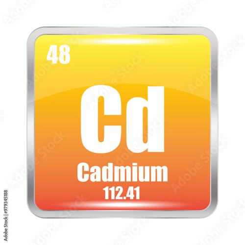 Cd chemical element. Atomic number 48. Mass 112.41. Yellow square image.