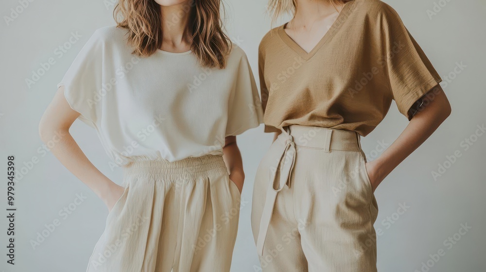Fashion shoot featuring minimalist sustainable outfits, natural light, clean lines, and neutral tones, Minimalist fashion, Eco-friendly photography