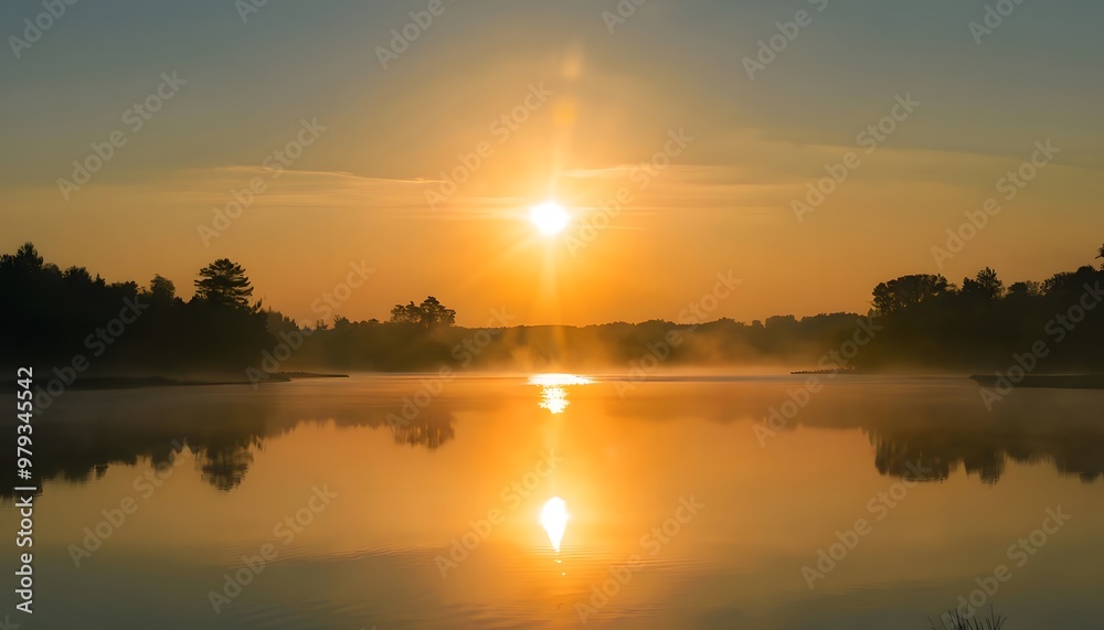 Golden hour over a tranquil lake with sun rays reflecting off the water, AI Generated Golden hour over a tranquil lake with sun rays reflecting off the water, AI Generated