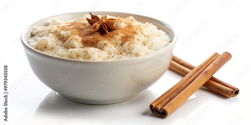 Rice pudding, often served with cinnamon and sugar., isolated on white Background': Rice pudding, often served with cinnamon and sugar., isolated on white Background':