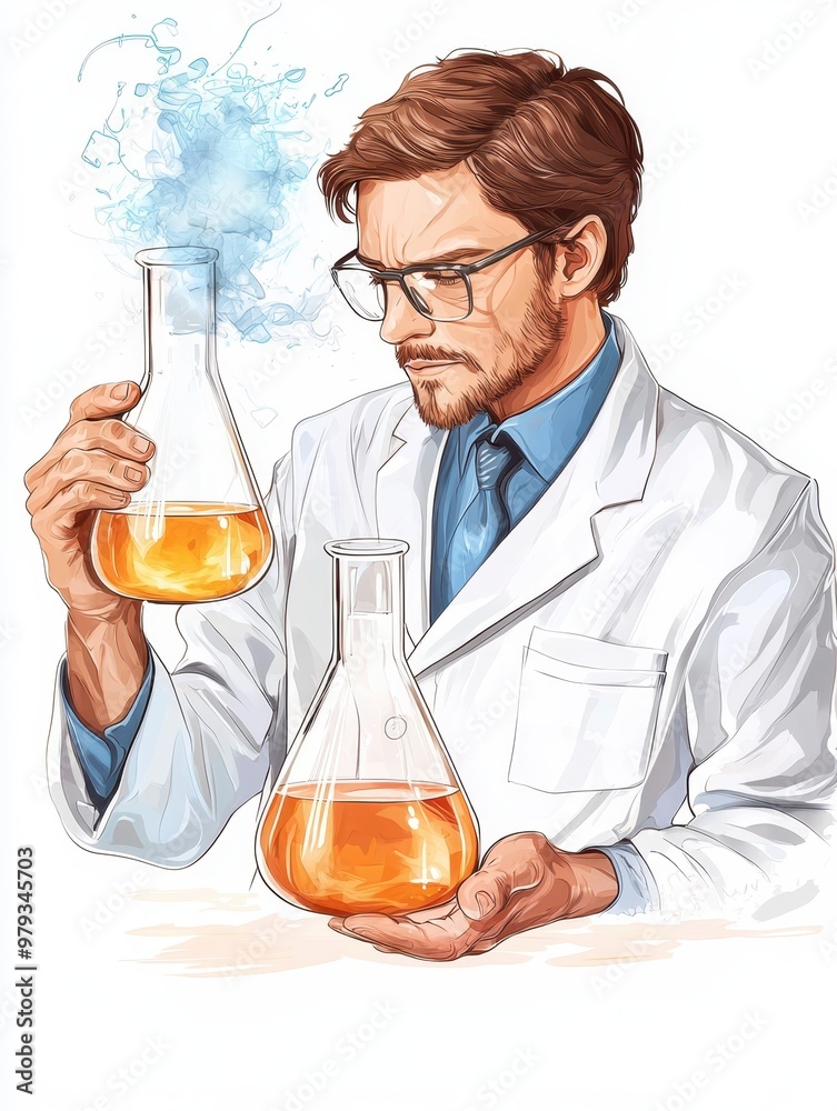A scientist in a lab coat examining colorful liquid in flasks, showcasing the art of chemistry and experimentation. A scientist in a lab coat examining colorful liquid in flasks, showcasing the art of chemistry and experimentation.