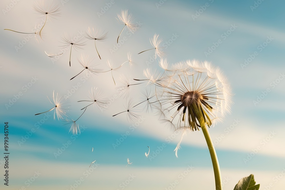 A delicate, fluffy dandelion seedhead, with soft, feathery plumes dispersed in mid-air, against a serene, cloudless sky with a gentle gradient of cerulean blue to pale azure, as if illuminated by warm