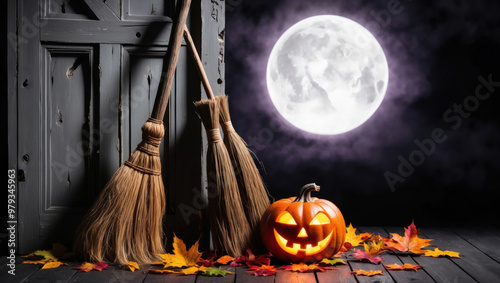 Halloween Brooms and Pumpkin with copy space photo