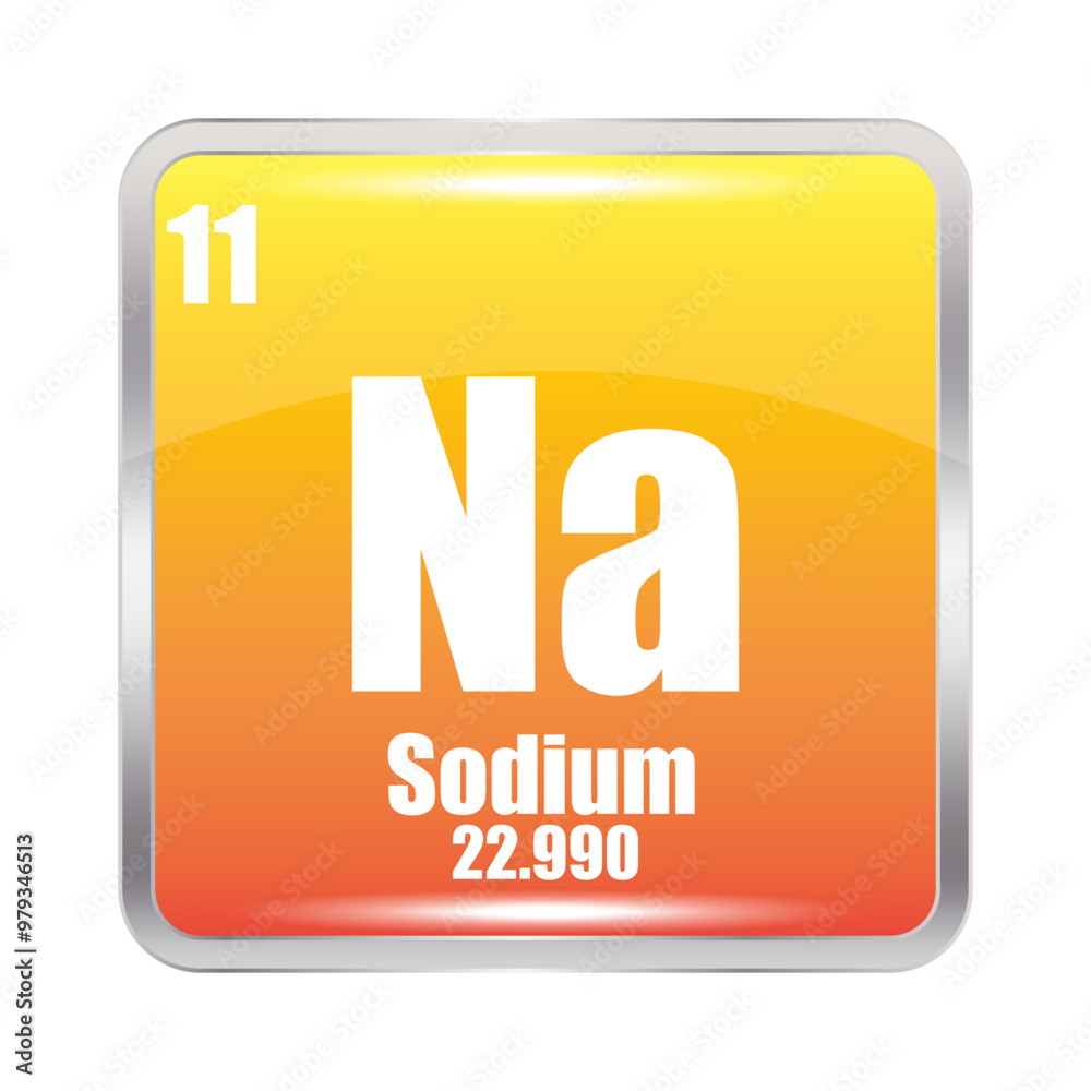 Sodium element. Symbol Na. Atomic number 11. Atomic mass 22.990. Yellow square. Sodium element. Symbol Na. Atomic number 11. Atomic mass 22.990. Yellow square.