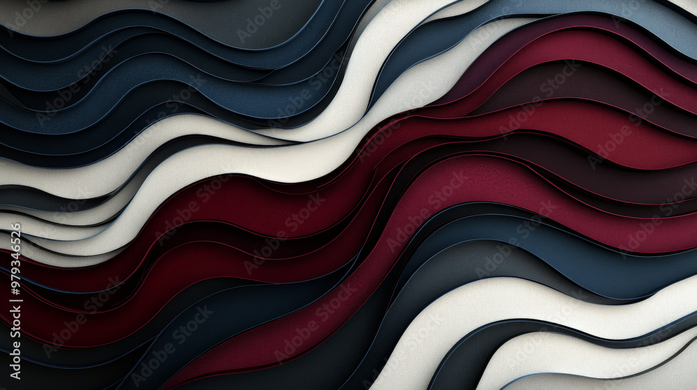 A modern paper cut wave design in dark burgundy, navy blue, and metallic silver, with layered curves creating a bold, sophisticated look. A modern paper cut wave design in dark burgundy, navy blue, and metallic silver, with layered curves creating a bold, sophisticated look.