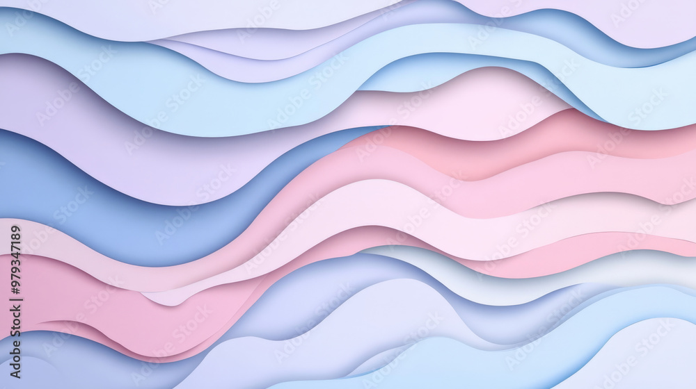 A paper cut design with fluid, wavy shapes in soft pastel pink, sky blue, and lavender, with subtle layers adding depth and softness. A paper cut design with fluid, wavy shapes in soft pastel pink, sky blue, and lavender, with subtle layers adding depth and softness.
