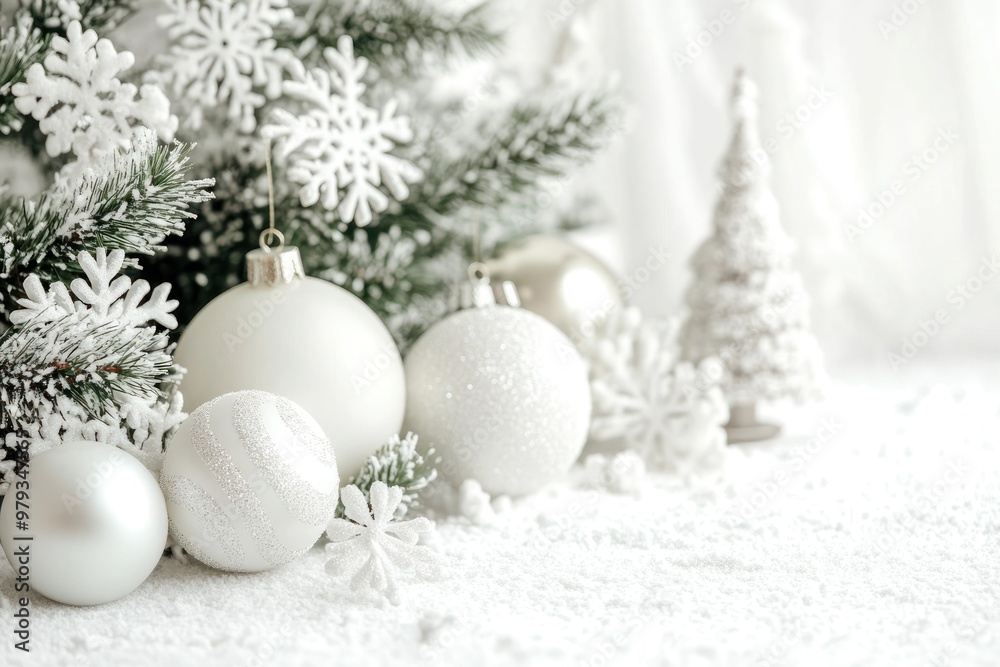 White Christmas Ornaments and Snowflakes on a Snowy Background White Christmas Ornaments and Snowflakes on a Snowy Background