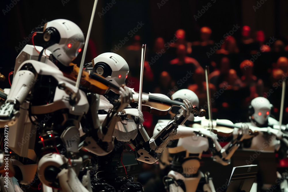 Android robot violinists playing in a violin string section orchestra at an orchestral classical music concert performing. Artificial intelligence as automated entertainment, musical stock illustratio Android robot violinists playing in a violin string section orchestra at an orchestral classical music concert performing. Artificial intelligence as automated entertainment, musical stock illustratio