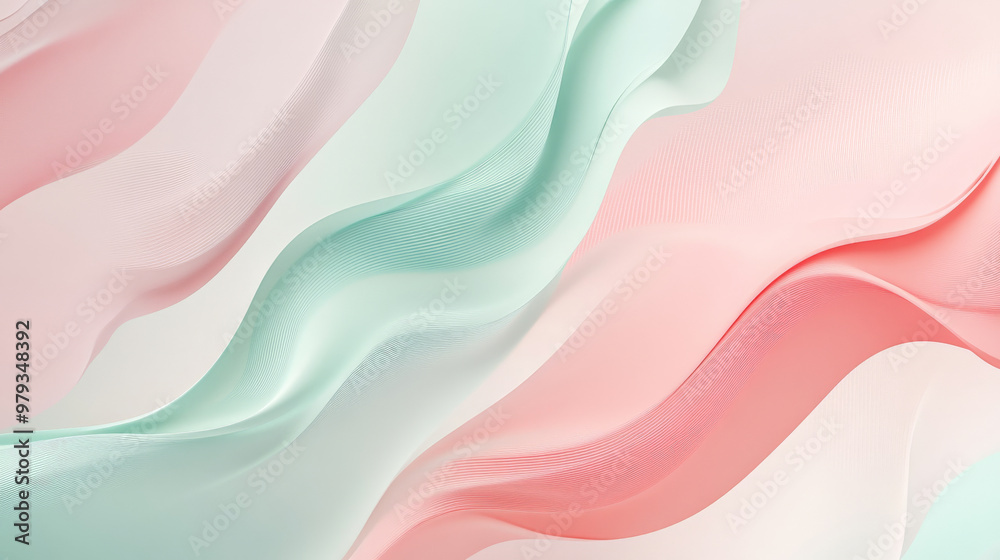 Fototapeta premium A smooth gradient from pastel pink to light mint green, with dynamic abstract shapes flowing harmoniously across the design.