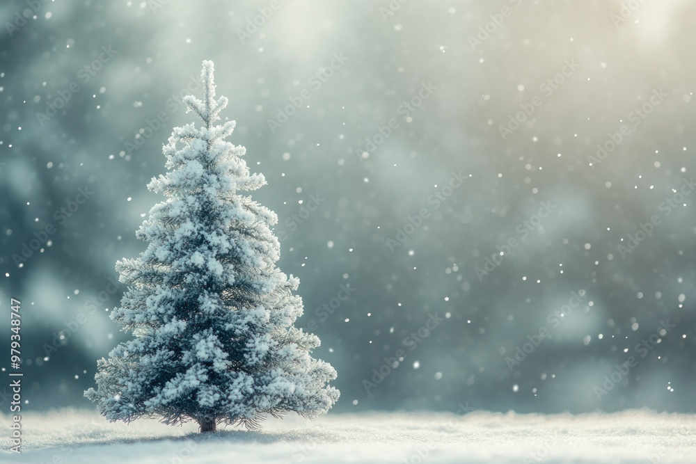Fototapeta premium A Single Pine Tree Covered in Snow with a Softly Falling Snowfall