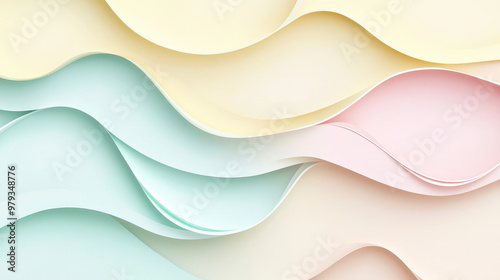 A soft pastel paper cut design with flowing shapes in shades of pale yellow, blush pink, and light mint, with smooth curves creating a calming background.